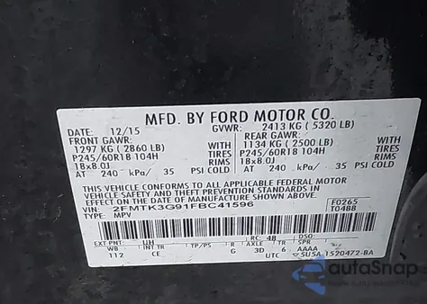 2015 Ford Edge Se из США, поврежденный, VIN 2FMTK3G91FBC41596